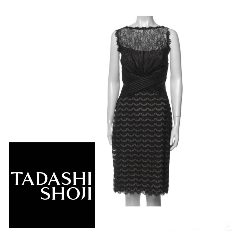 TADASHI SHOJI Black Lace Bateau Neckline Knee-Length Cocktail Evening Dress